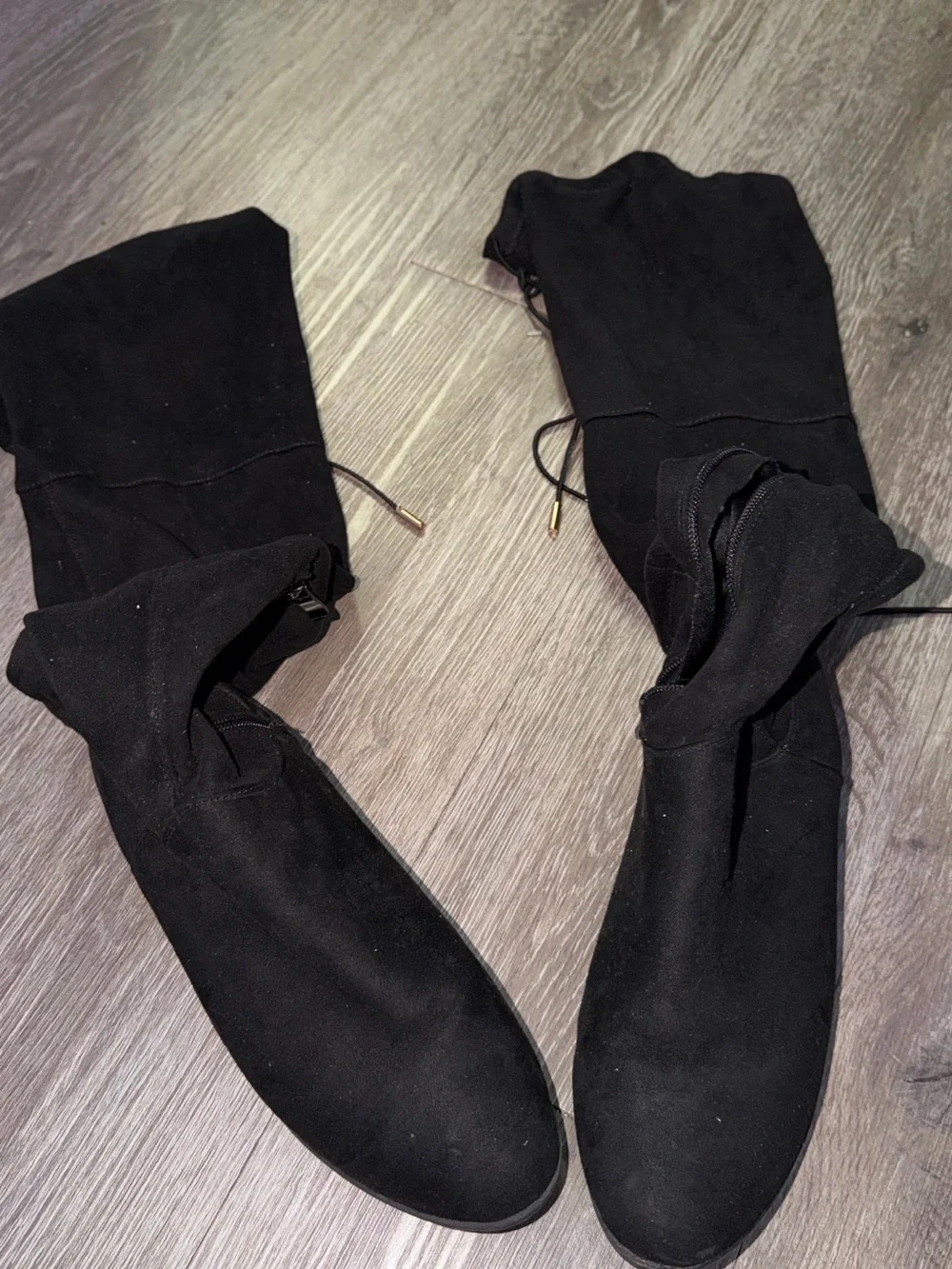 Fashion Nova Black Over-the-Knee Stretch Boots with Drawstring
